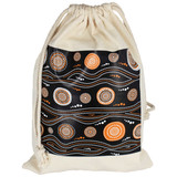 A cream drawstring bag with a black and orange abstract pattern, featuring a logo on the front.