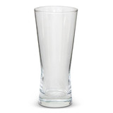 A clear beer glass with a tapered shape and a thick base, featuring a logo.