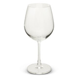 A clear glass wine glass with a long stem, designed for serving wine. It features a simple, elegant shape.