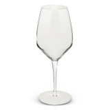 A clear, elegant 440ml wine glass with a slender stem and a wide bowl, featuring a simple logo on the base.