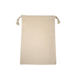 A beige 100% cotton drawstring bag with two tied cords at the top and no visible branding.