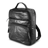 A black leather backpack with a top handle and a front pocket, featuring adjustable straps on the back.