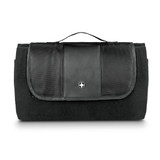 A folded black picnic blanket with a carrying handle and a textured panel on the front, featuring a logo.