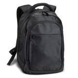 A black laptop backpack with padded shoulder straps and multiple zippered compartments, featuring a subtle logo.
