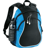 A black and blue backpack featuring a drink bottle holder and earphone outlet, with a logo and mesh side pocket.