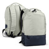 A light grey and navy laptop backpack featuring a logo and multiple compartments for storage.