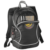 A black backpack featuring a front pocket with pens and a map, and a side mesh pocket. It has a logo.