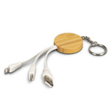 A round bamboo charging cable key ring featuring white connectors for various devices, attached to a metal keyring.