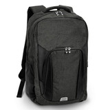 A grey and black backpack with multiple compartments and a logo. Designed for practicality and style.