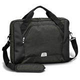 A dark green laptop bag with black accents and a shoulder strap, featuring a logo on the front.