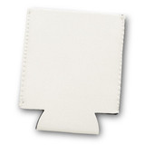 A drink bottle cooler in white, featuring stitching details and a bottom cut-out, with a branding logo.