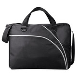 A black conference bag with a sleek design, featuring adjustable straps and a mesh pocket. It has a logo on the front.