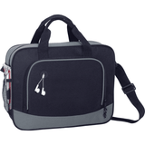 A black and grey laptop briefcase featuring handles, a shoulder strap, and a side pocket with earphones.