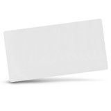 A sleek white desk mat with a smooth surface and rounded corners, featuring a logo.