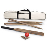 A Boundary Cricket Set featuring a brown bat, stumps, ball, and carrying bag in cream with black straps.