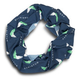 A blue infinity scarf featuring green and white designs, with a logo and branding present.