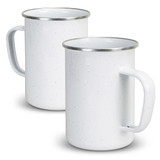 A drink mug set in white with a speckled design and metallic rim, featuring a sturdy handle.