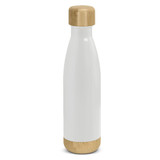 A drink bottle featuring a sleek white design with bamboo accents on the top and bottom. It has a logo.