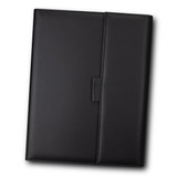 A black portfolio with a smooth finish, featuring a flap closure and a side pocket. It has a logo on the front.