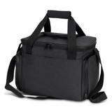 A dark grey cooler bag with a zippered top, adjustable shoulder strap, and sturdy handles. Features a logo.