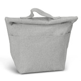 A grey cooler bag with a foldover top and a single exterior pocket, featuring a sturdy handle.
