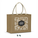 A jute tote bag in light brown with cream handles, featuring a logo and assorted botanical illustrations.