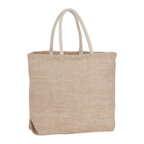 A herringbone-patterned jute tote in a natural beige colour with sturdy handles. It has a simple, stylish design.