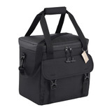 A black cooler bag with a top handle and adjustable straps, featuring a front pocket and a logo.