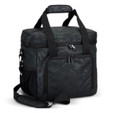 A black and dark green camouflage cooler bag with multiple compartments and sturdy handles. It has a branded logo.