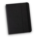 A black tablet case with a textured surface and a black elastic strap, featuring a logo.
