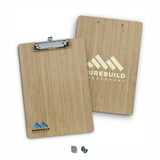 A bamboo clipboard with a silver clip, featuring a logo on one side and a natural wood finish.
