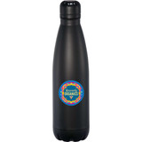 A drink bottle featuring a sleek black design with a colourful logo. It has a vacuum insulated structure and a 760ml capacity.