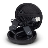 Bluetooth earbuds in black, stored in a zipped travel case, with a mesh pocket for accessories.