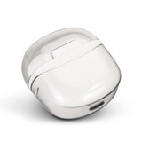 A pair of white Bluetooth earbuds in a translucent charging case with a USB-C port.