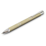A green pen with silver accents and a clip, featuring a textured surface and a shiny finish.