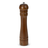 A wooden pepper mill in a warm brown finish, featuring a rounded top and elegant grooves. It has a logo on the base.