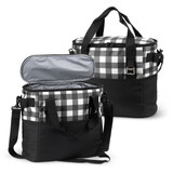 A black and white checked cooler bag with a zippered opening and detachable straps. It features a logo.