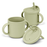 A drink bottle set featuring two soft green kids sipper cups with handles and straw lids.