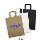 Three large flat handle paper bags in brown, white, and black, featuring a logo on the brown bag.