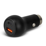 A black USB car charger with one USB-A and one USB-C port, featuring a rounded design and a silver connector.