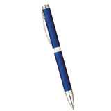 A blue metal ballpoint pen with silver accents and a logo, featuring a twist action mechanism.