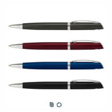 Four metal pens in black, burgundy, blue, and silver, featuring a sleek design and a branding logo.