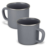 A matte grey enamel mug with a silver rim and a sturdy handle, displayed in a pair.