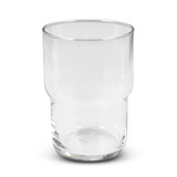 A clear stackable glass tumbler with a smooth, modern design, featuring a rounded upper section and a sturdy base.