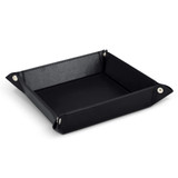 A black valet tray featuring a square design with folded corners and snap buttons, made of textured material.