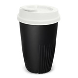 A drink bottle in black with a white lid, featuring a ribbed design and a logo. Holds 470ml.