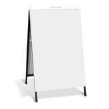 A white metal A-frame sign with a black base, designed for exhibitions and events. It features a handle for easy mobility.