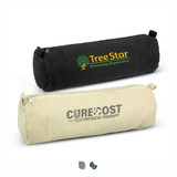 A black and a cream pencil case, each featuring a logo, with zip closures.