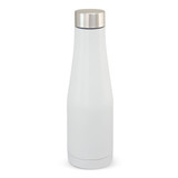 A drink bottle in white with a stainless steel lid and a sleek, modern design. It features a logo.
