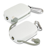 A white Lucent Power Bank with an attached carabiner and integrated charging cables in green.